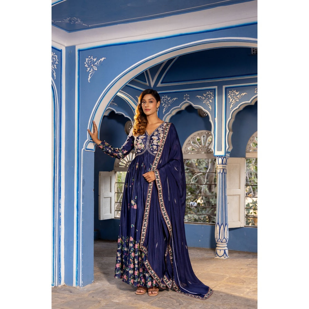 Suruchi Parakh Womens Navy Blue Embroidered Anarkali Kurta and Dupatta (Set of 2)