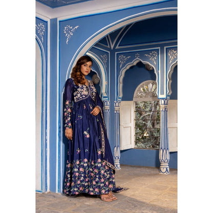 Suruchi Parakh Womens Navy Blue Embroidered Anarkali Kurta and Dupatta (Set of 2)