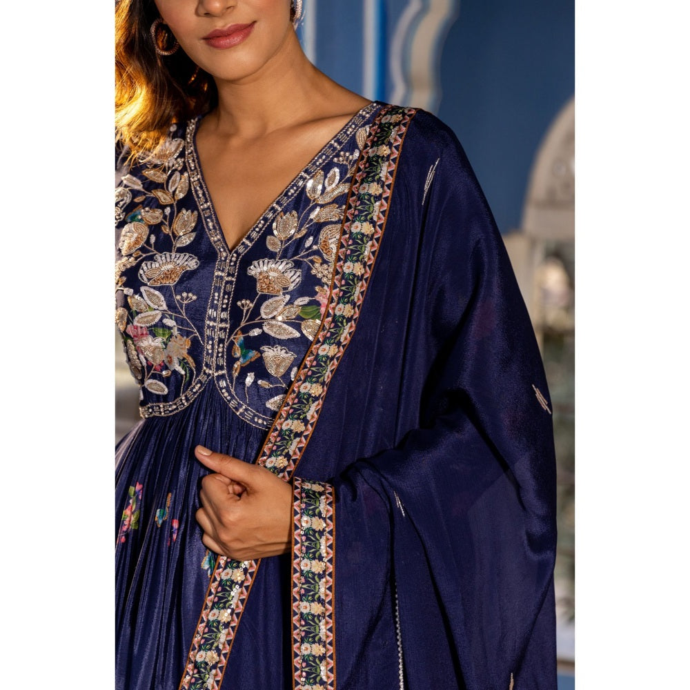 Suruchi Parakh Womens Navy Blue Embroidered Anarkali Kurta and Dupatta (Set of 2)