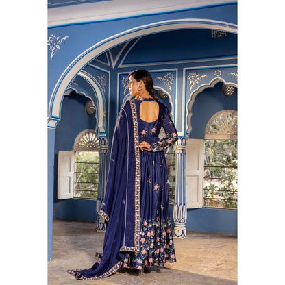 Suruchi Parakh Womens Navy Blue Embroidered Anarkali Kurta and Dupatta (Set of 2)