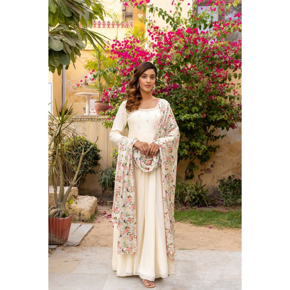 Suruchi Parakh Womens Cream Embroidered Anarkali Kurta and Dupatta (Set of 2)