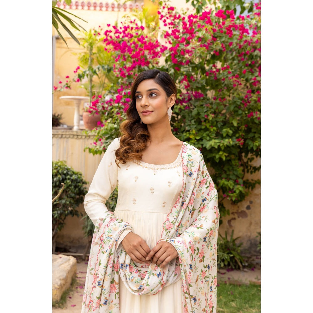 Suruchi Parakh Womens Cream Embroidered Anarkali Kurta and Dupatta (Set of 2)