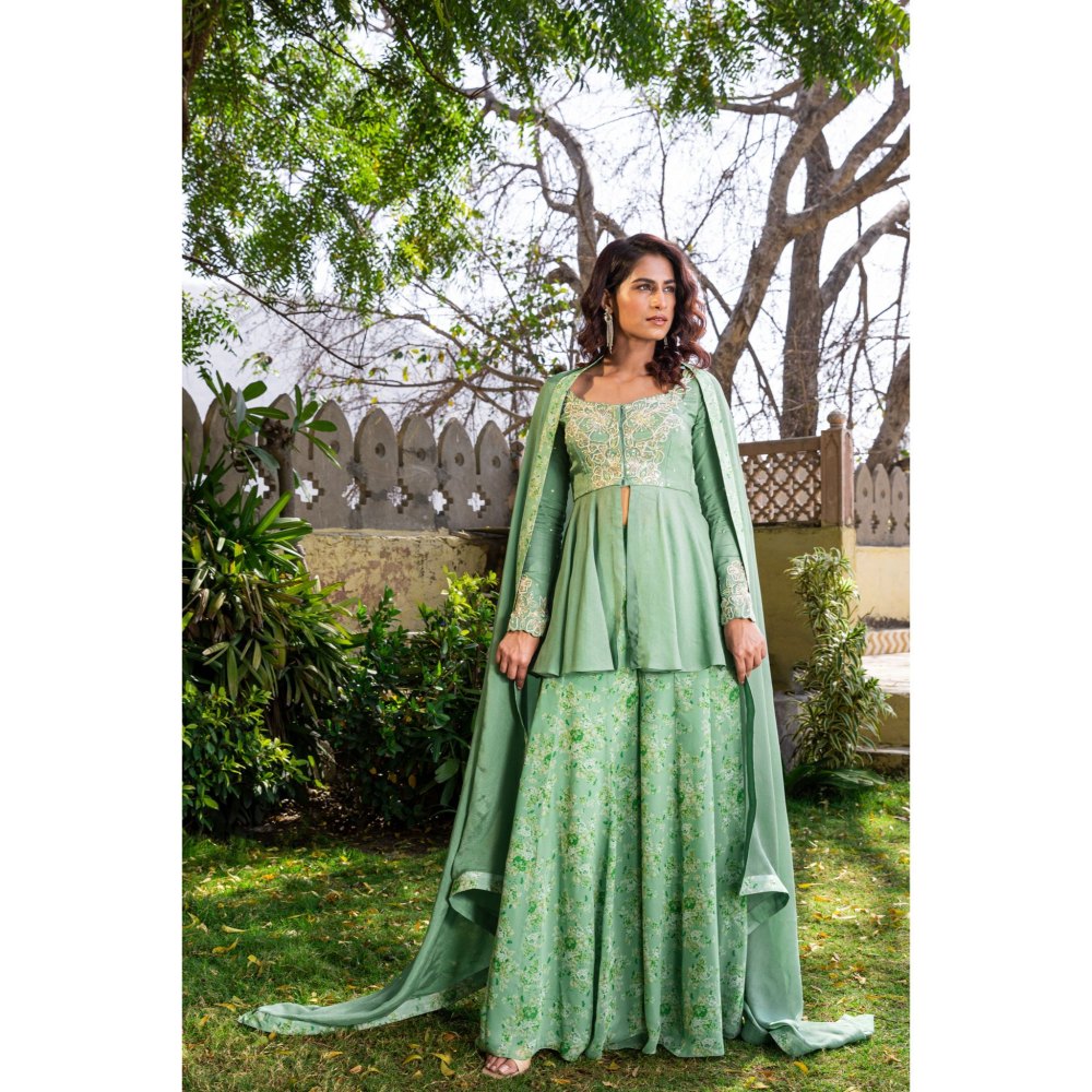 Suruchi Parakh Womens Green Embroidered Kurti with Palazzo and Dupatta (Set of 3)