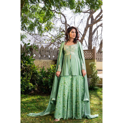 Suruchi Parakh Womens Green Embroidered Kurti with Palazzo and Dupatta (Set of 3)