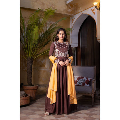 Suruchi Parakh Womens Brown Embellished Anarkali Kurta and Dupatta (Set of 2)