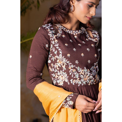 Suruchi Parakh Womens Brown Embellished Anarkali Kurta and Dupatta (Set of 2)