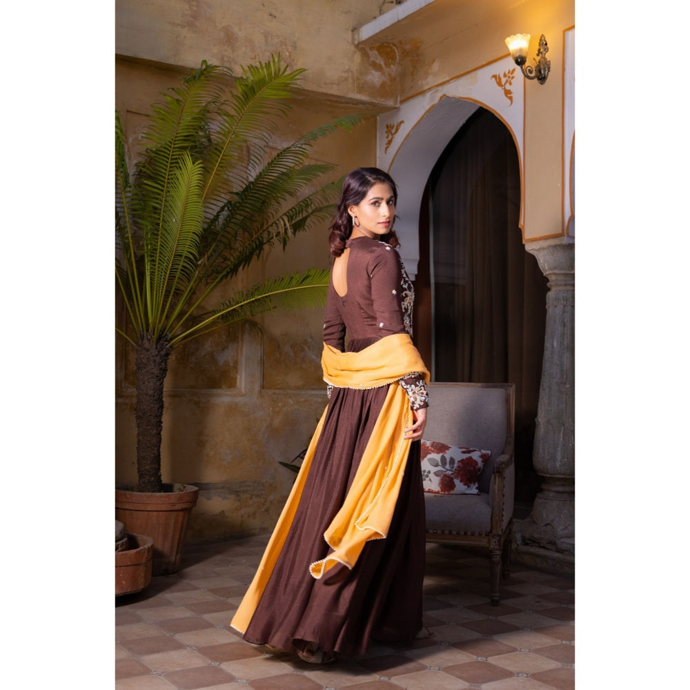 Suruchi Parakh Womens Brown Embellished Anarkali Kurta and Dupatta (Set of 2)