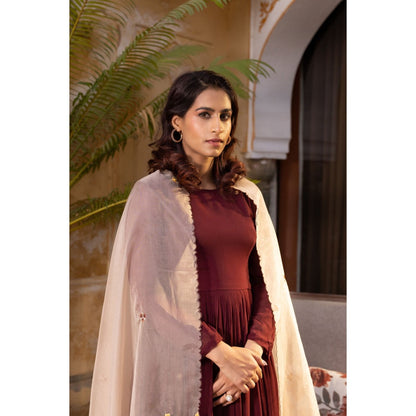 Suruchi Parakh Womens Brown Solid Anarkali Kurta and Dupatta (Set of 2)