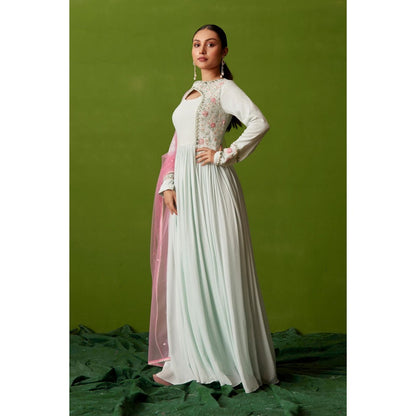 Suruchi Parakh Womens Green Mirror Work Anarkali Kurta with Pant and Dupatta (Set of 3)
