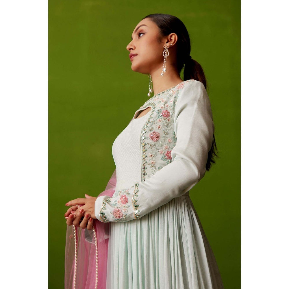 Suruchi Parakh Womens Green Mirror Work Anarkali Kurta with Pant and Dupatta (Set of 3)