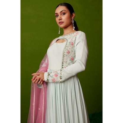Suruchi Parakh Womens Green Mirror Work Anarkali Kurta with Pant and Dupatta (Set of 3)