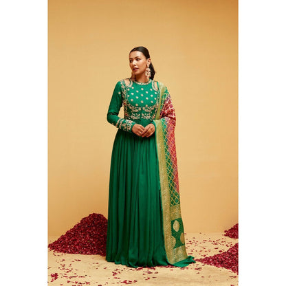 Suruchi Parakh Womens Green Embellished Anarkali Kurta with Pant and Dupatta (Set of 3)