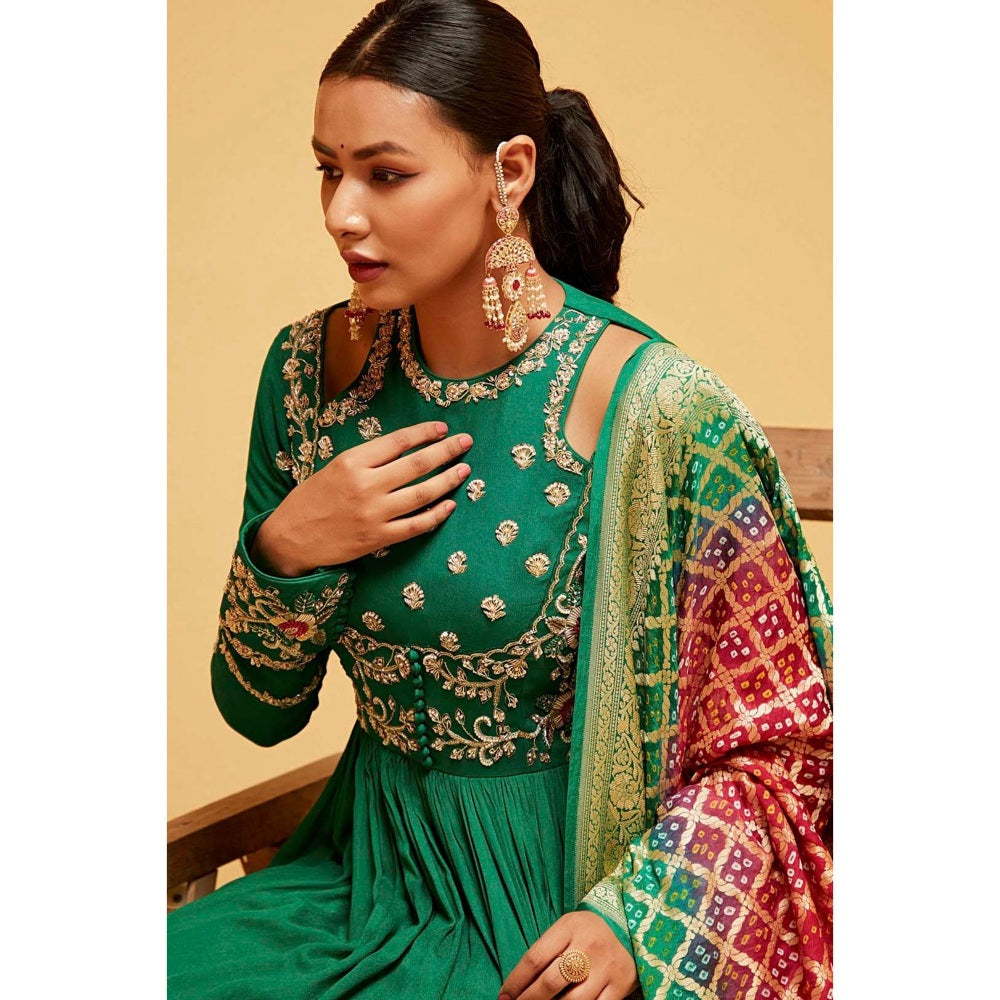 Suruchi Parakh Womens Green Embellished Anarkali Kurta with Pant and Dupatta (Set of 3)