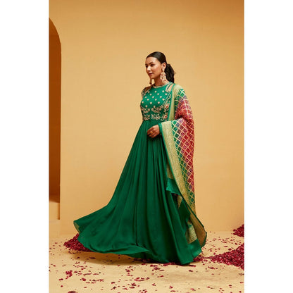 Suruchi Parakh Womens Green Embellished Anarkali Kurta with Pant and Dupatta (Set of 3)