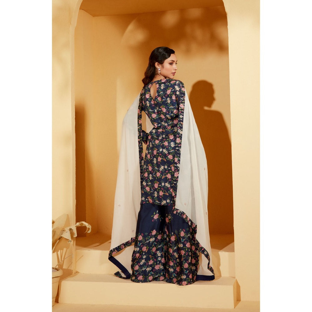 Suruchi Parakh Womens Navy Blue Floral Print Sharara with Kurta and Dupatta (Set of 3)