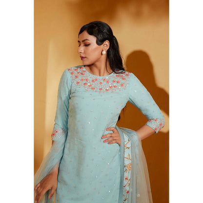 Suruchi Parakh Womens Blue Floral Print Sharara with Kurta and Dupatta (Set of 3)