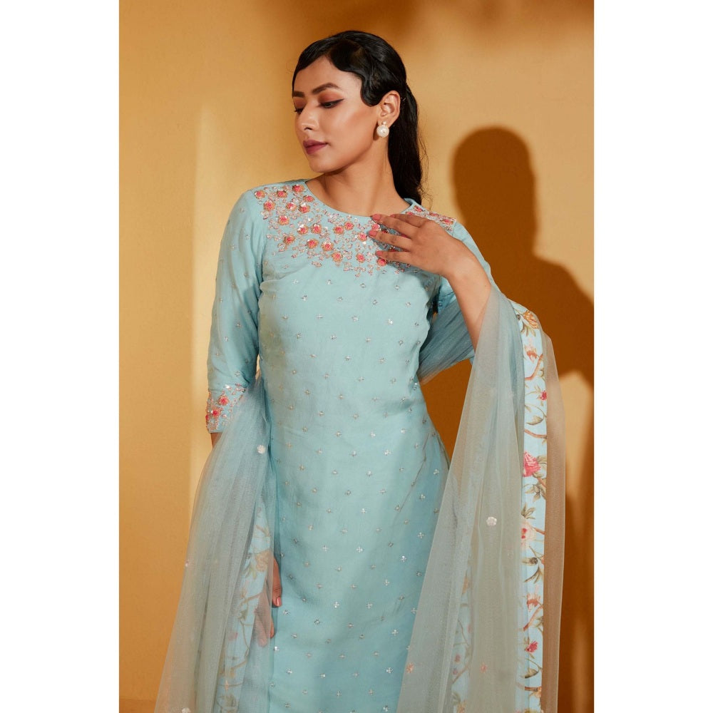 Suruchi Parakh Womens Blue Floral Print Sharara with Kurta and Dupatta (Set of 3)