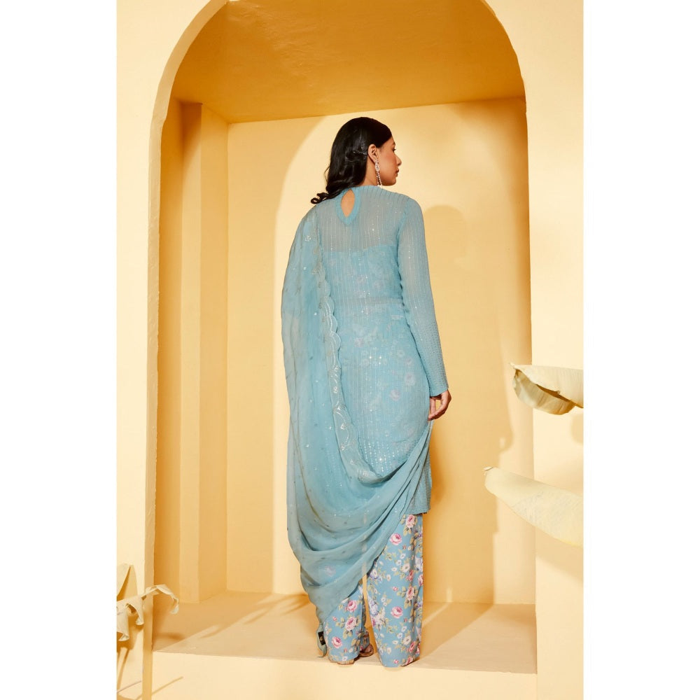 Suruchi Parakh Womens Blue Floral Print Kurta with Bustier and Pant Dupatta (Set of 4)