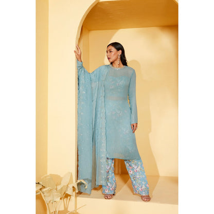 Suruchi Parakh Womens Blue Floral Print Kurta with Bustier and Pant Dupatta (Set of 4)