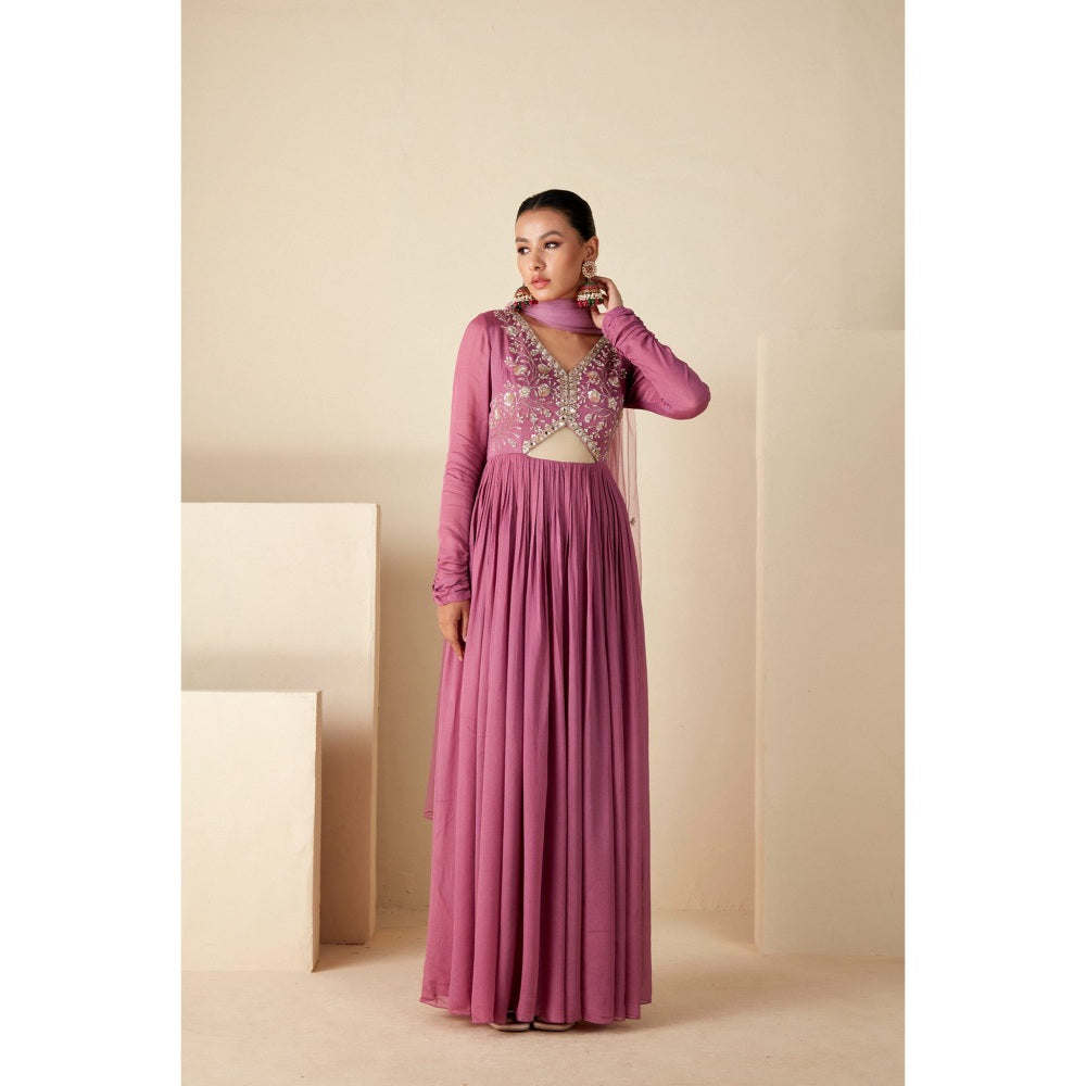 Suruchi Parakh Womens Mauve Mirror Work Anarkali Kurta and Dupatta (Set of 2)