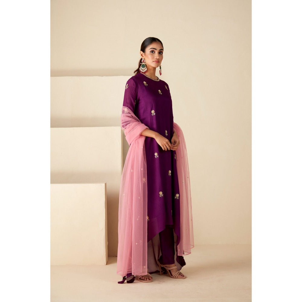 Suruchi Parakh Womens Purple Embroidered Kurta with Pant and Dupatta (Set of 3)