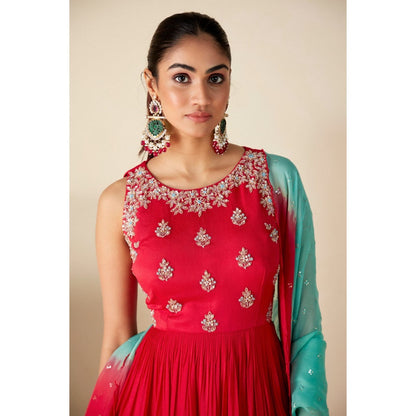 Suruchi Parakh Womens Red Embellished Anarkali Kurta and Dupatta (Set of 2)