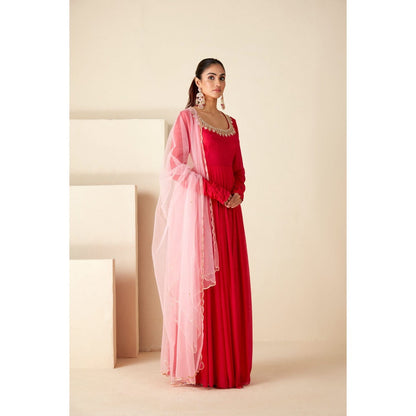 Suruchi Parakh Womens Red Embellished Anarkali Kurta and Dupatta (Set of 2)