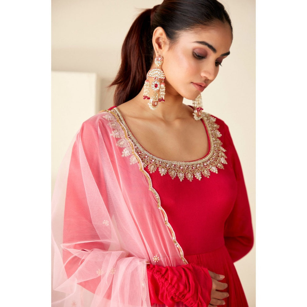 Suruchi Parakh Womens Red Embellished Anarkali Kurta and Dupatta (Set of 2)