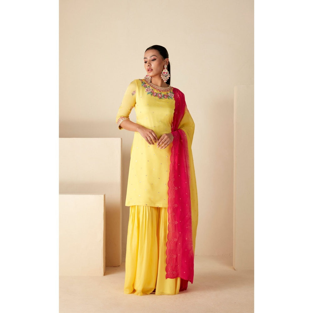 Suruchi Parakh Yellow Embroidered Kurta with Sharara and Dupatta (Set of 3)