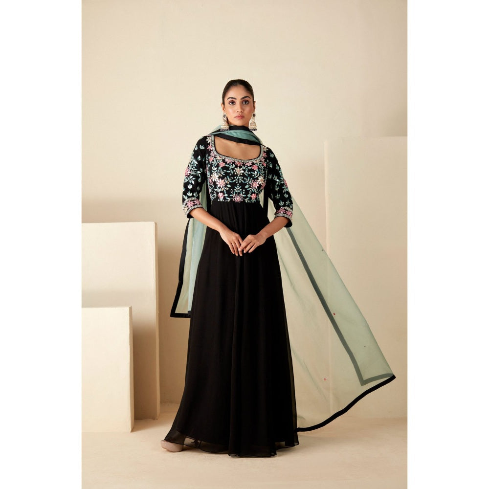 Suruchi Parakh Womens Black Mirror Work Anarkali Kurta and Dupatta (Set of 2)