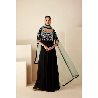 Suruchi Parakh Womens Black Mirror Work Anarkali Kurta and Dupatta (Set of 2)