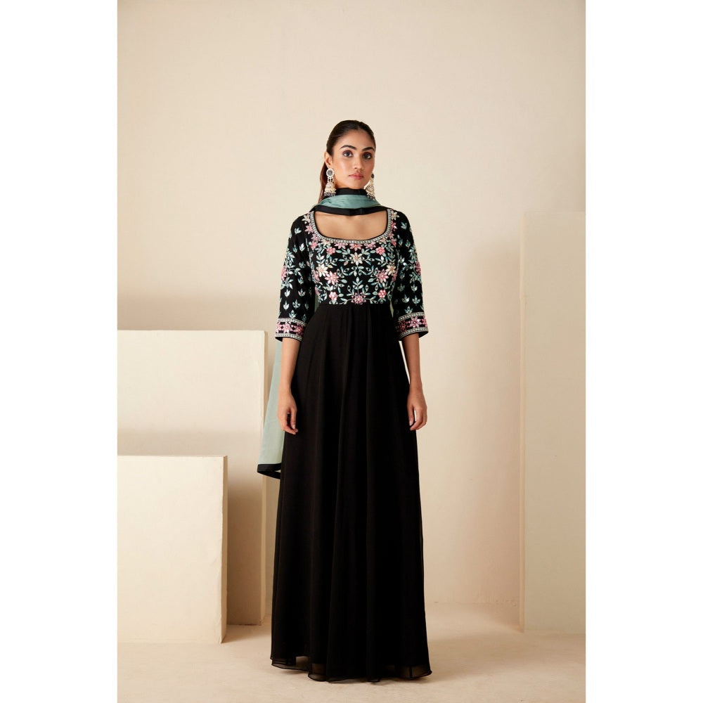 Suruchi Parakh Womens Black Mirror Work Anarkali Kurta and Dupatta (Set of 2)