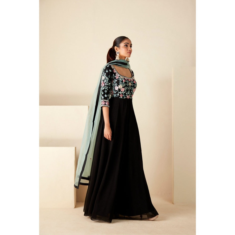 Suruchi Parakh Womens Black Mirror Work Anarkali Kurta and Dupatta (Set of 2)