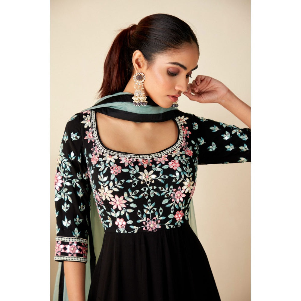 Suruchi Parakh Womens Black Mirror Work Anarkali Kurta and Dupatta (Set of 2)