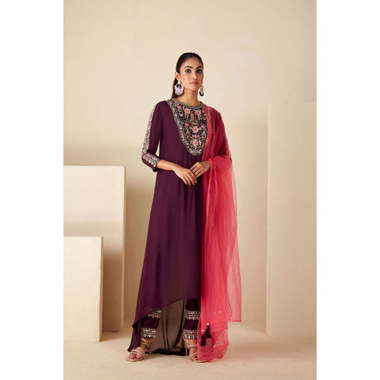 Suruchi Parakh Womens Wine Kurta with Bustier and Pant Dupatta (Set of 4)