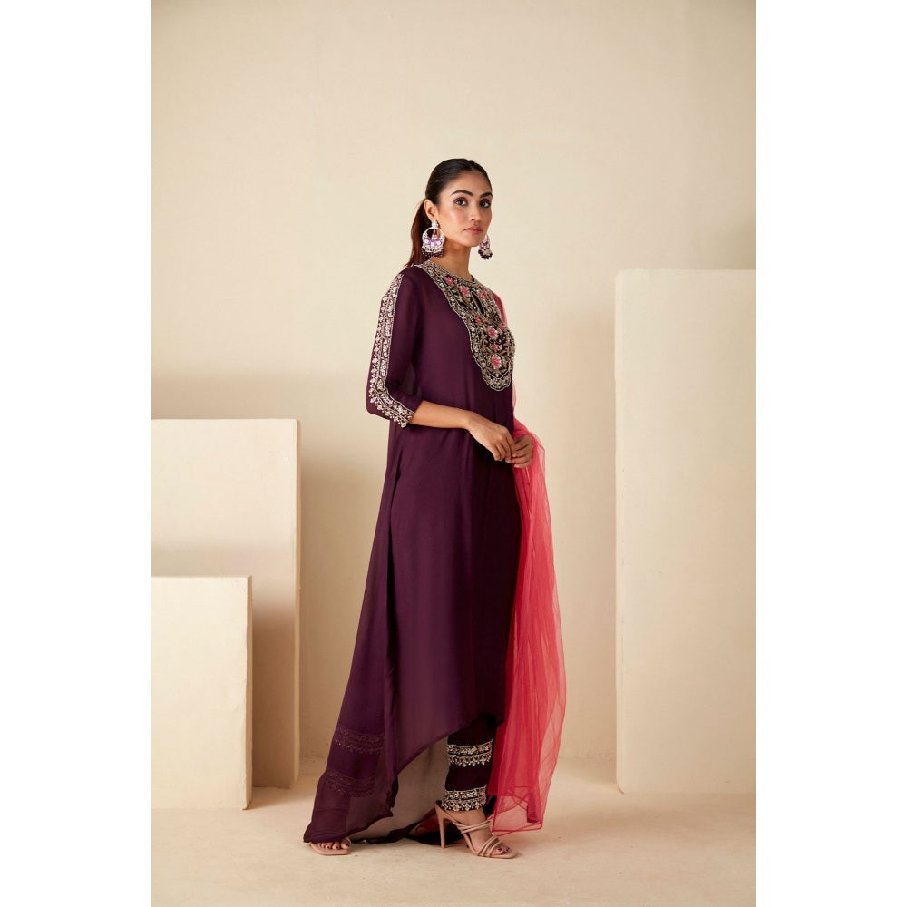 Suruchi Parakh Womens Wine Kurta with Bustier and Pant Dupatta (Set of 4)
