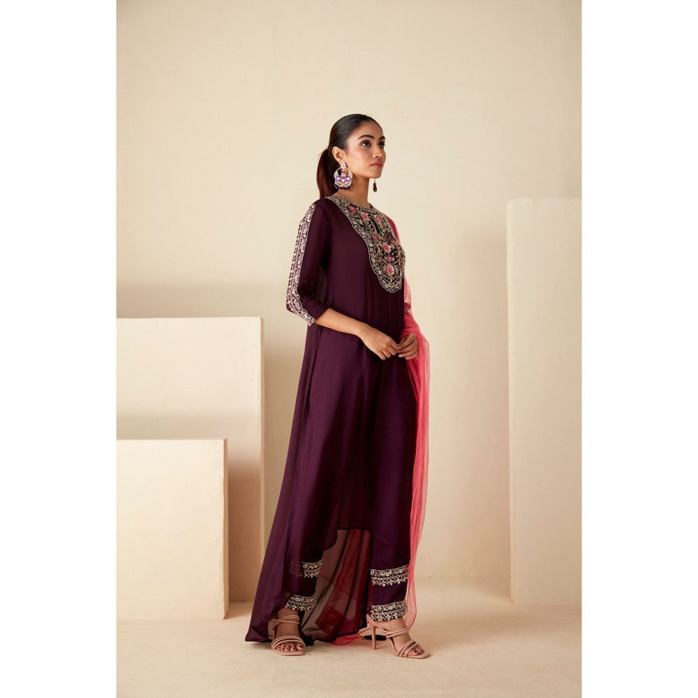 Suruchi Parakh Womens Wine Kurta with Bustier and Pant Dupatta (Set of 4)