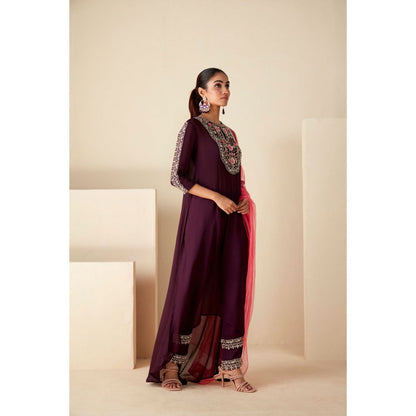 Suruchi Parakh Womens Wine Kurta with Bustier and Pant Dupatta (Set of 4)
