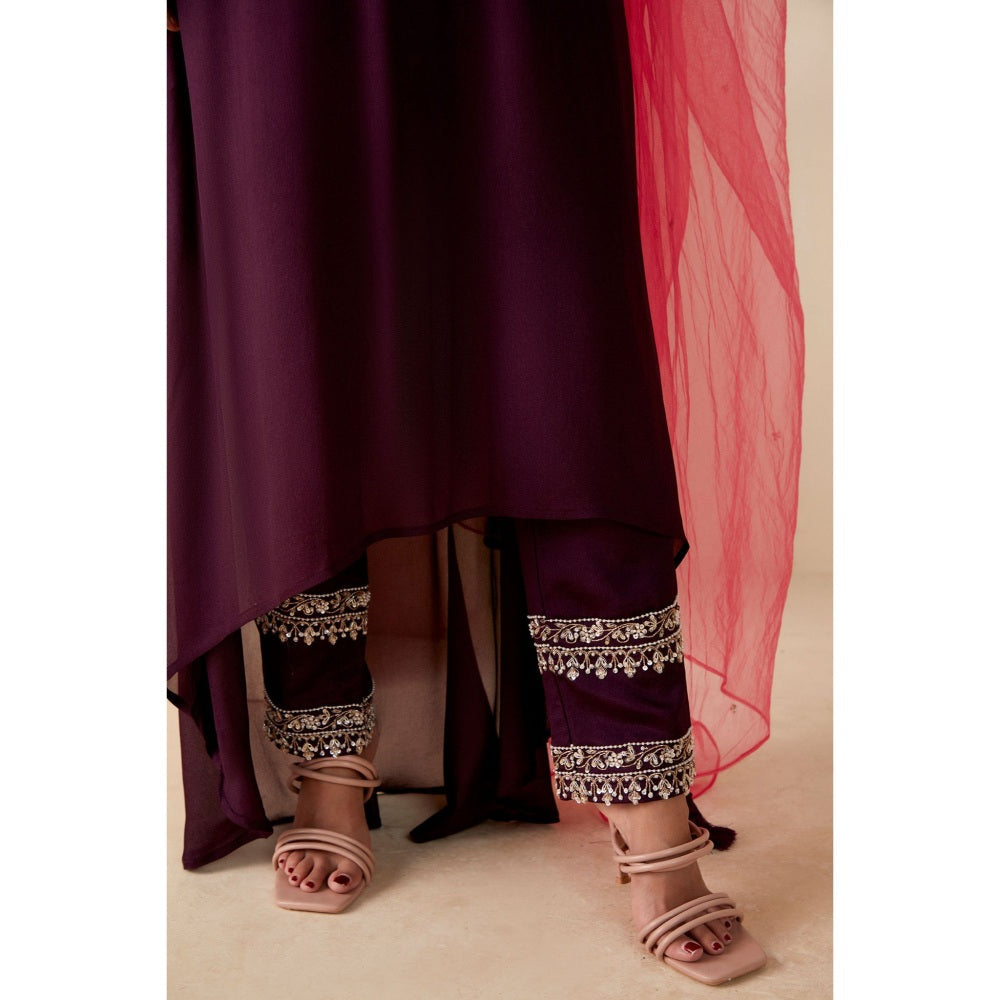 Suruchi Parakh Womens Wine Kurta with Bustier and Pant Dupatta (Set of 4)