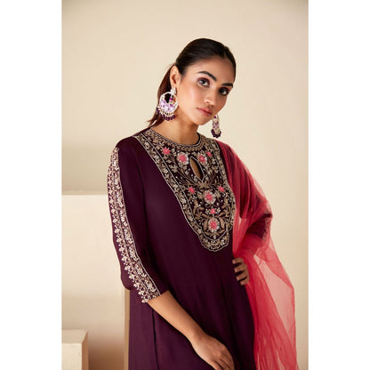 Suruchi Parakh Womens Wine Kurta with Bustier and Pant Dupatta (Set of 4)