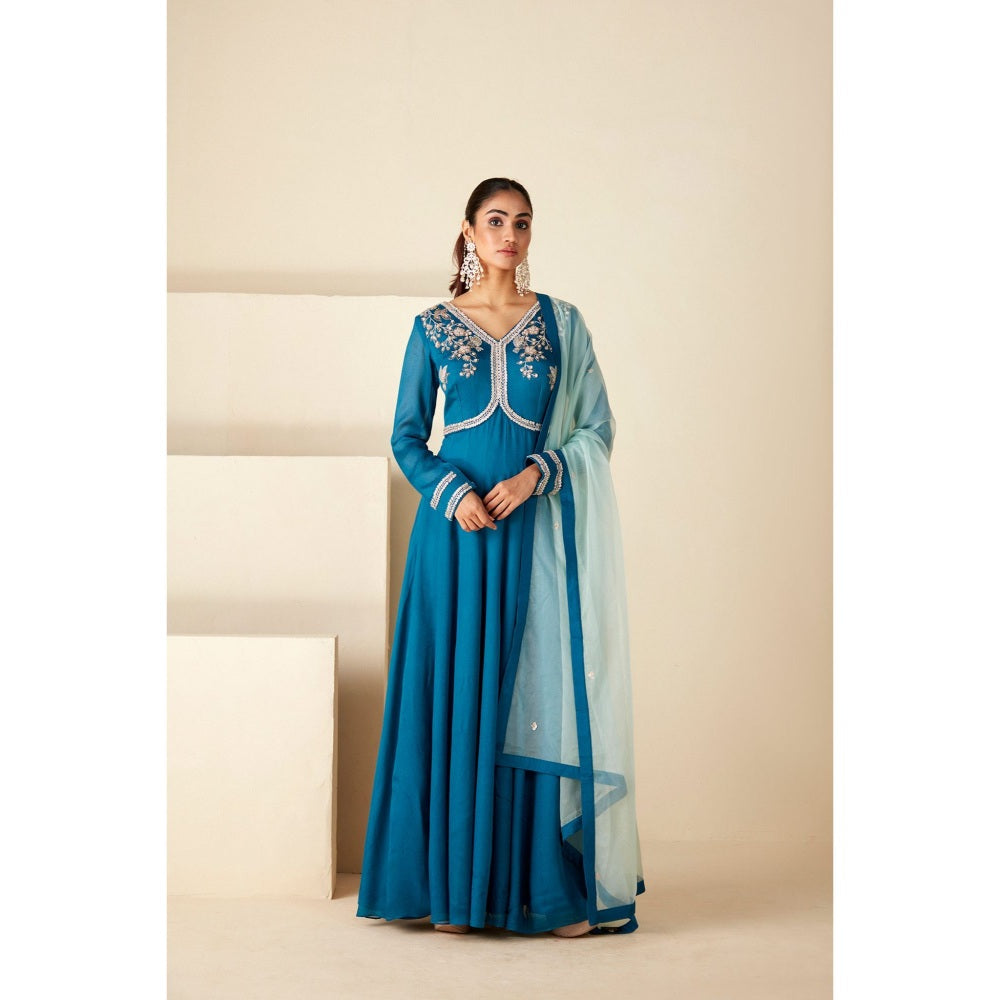 Suruchi Parakh Womens Teal Embellished Anarkali Kurta and Dupatta (Set of 2)