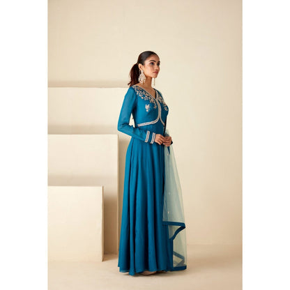 Suruchi Parakh Womens Teal Embellished Anarkali Kurta and Dupatta (Set of 2)