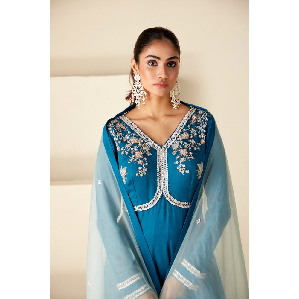 Suruchi Parakh Womens Teal Embellished Anarkali Kurta and Dupatta (Set of 2)