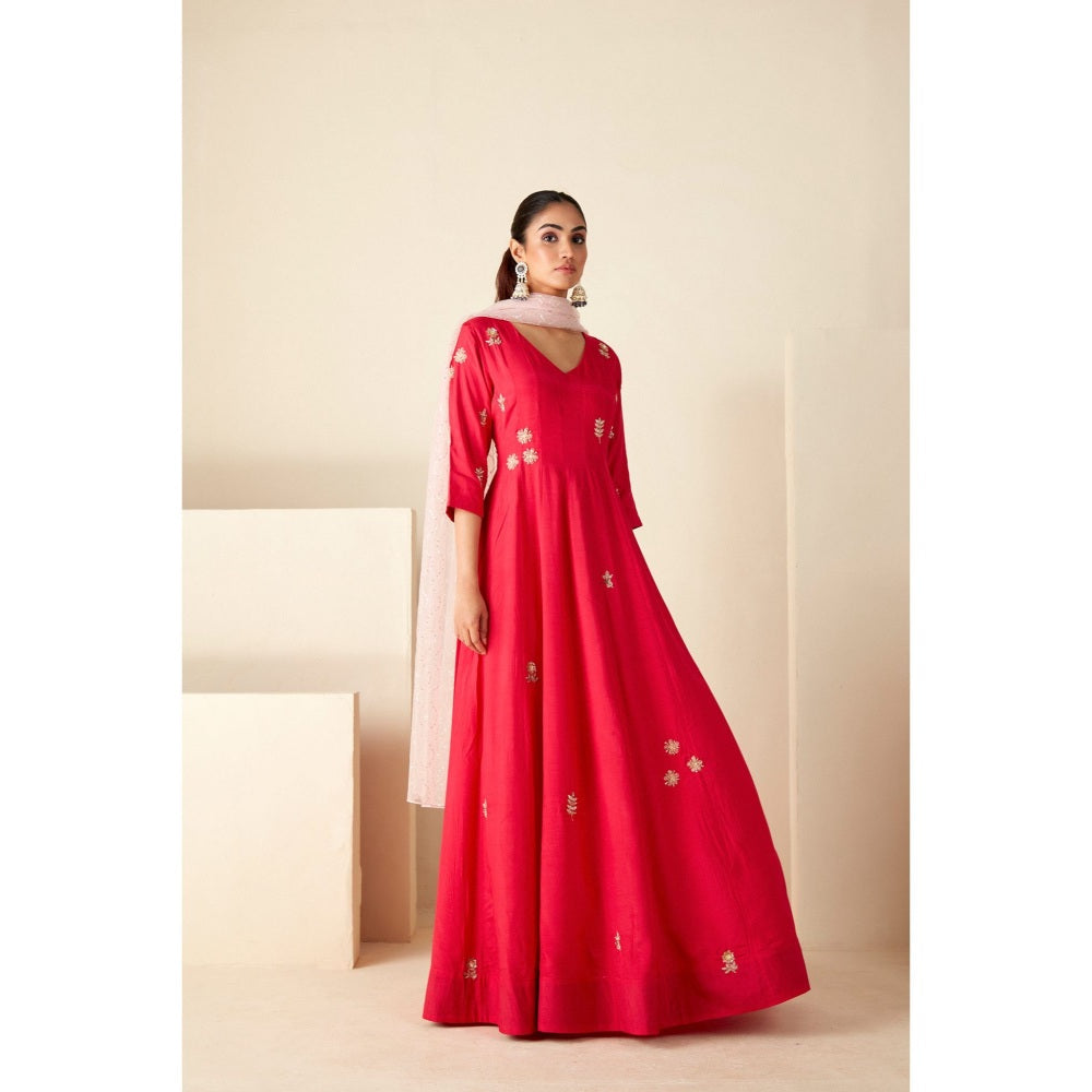 Suruchi Parakh Womens Pink V Neck Anarkali Kurta and Dupatta (Set of 2)