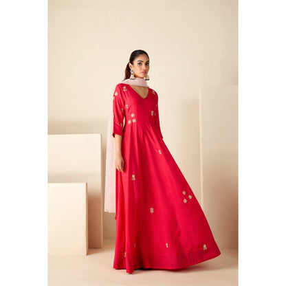 Suruchi Parakh Womens Pink V Neck Anarkali Kurta and Dupatta (Set of 2)