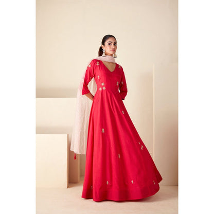 Suruchi Parakh Womens Pink V Neck Anarkali Kurta and Dupatta (Set of 2)