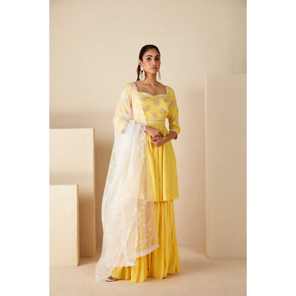 Suruchi Parakh Womens Yellow Embellished Kurta with Sharara and Dupatta (Set of 3)