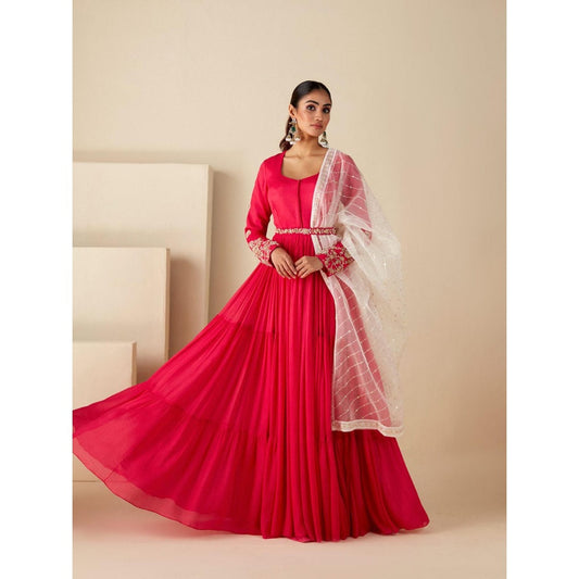 Suruchi Parakh Womens Pink Embroidered Anarkali Kurta and Dupatta (Set of 3)