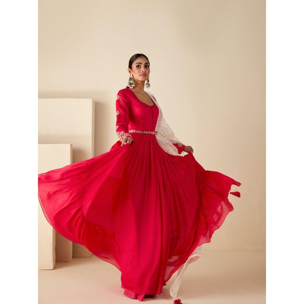 Suruchi Parakh Womens Pink Embroidered Anarkali Kurta and Dupatta (Set of 3)