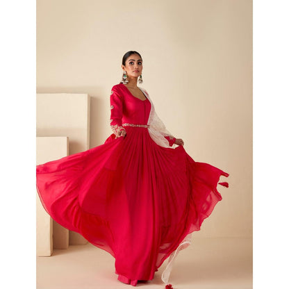 Suruchi Parakh Womens Pink Embroidered Anarkali Kurta and Dupatta (Set of 3)